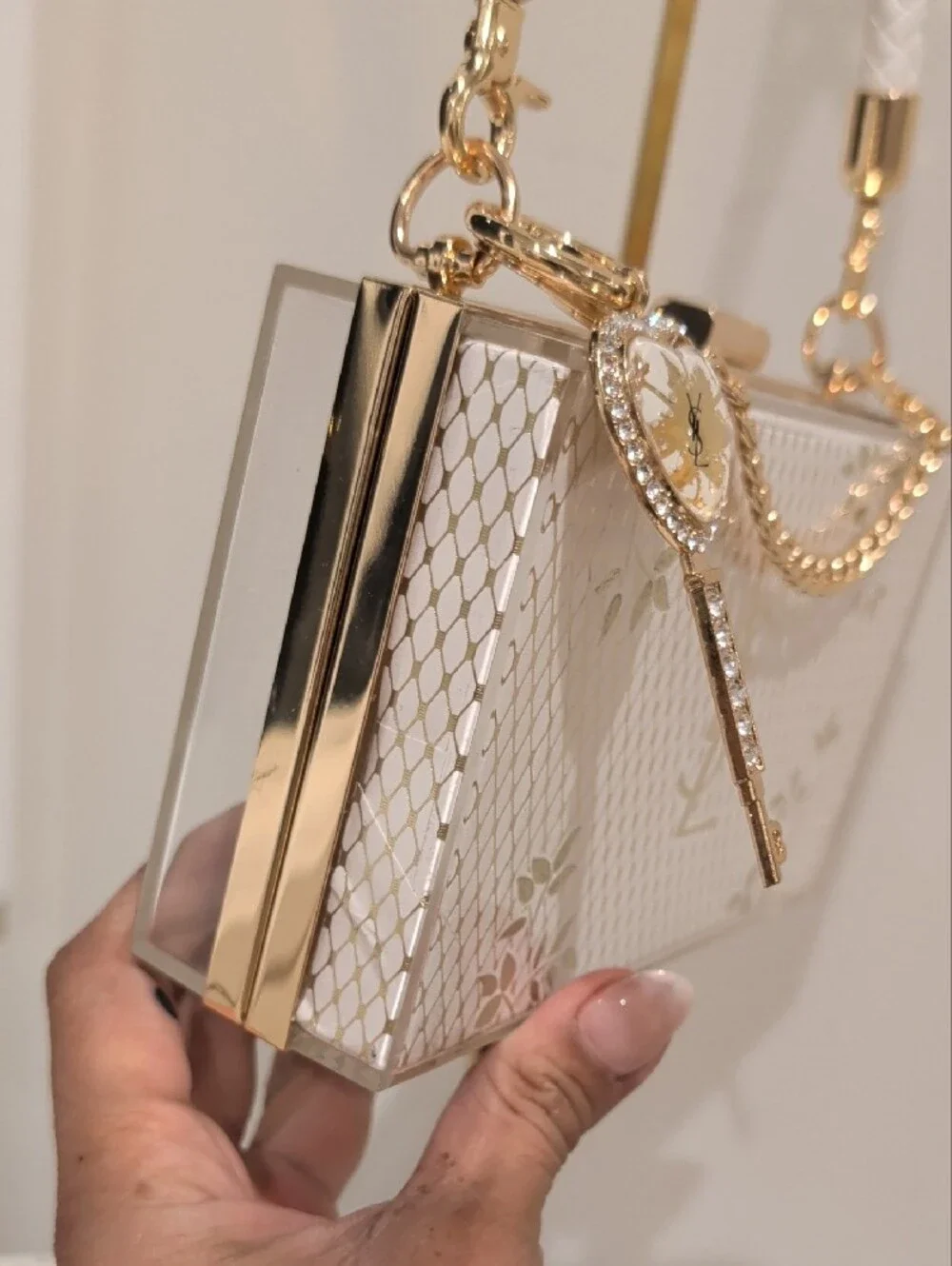 Saint Laurent White and Gold Box Clutch with Chain Charm